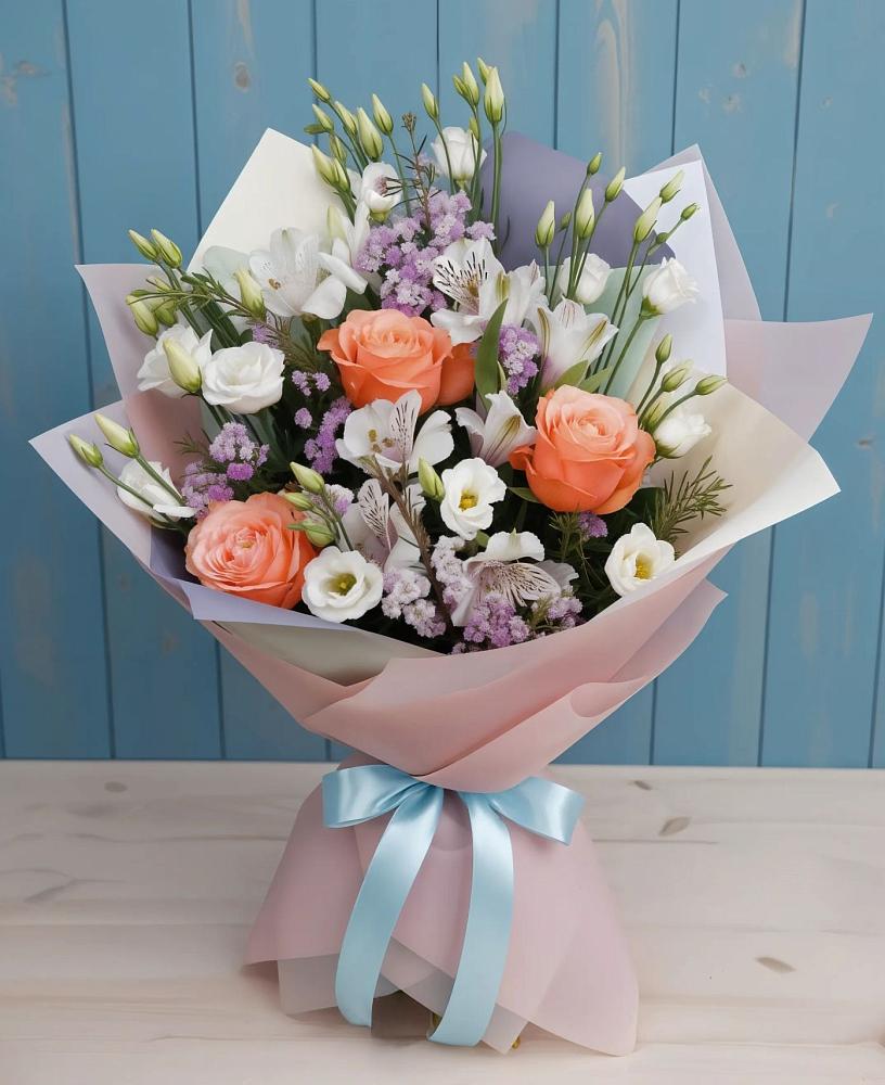 Букет цветов из: Лизиантусы, Розы, Альстромерии и Гипсофила в Дебесы
