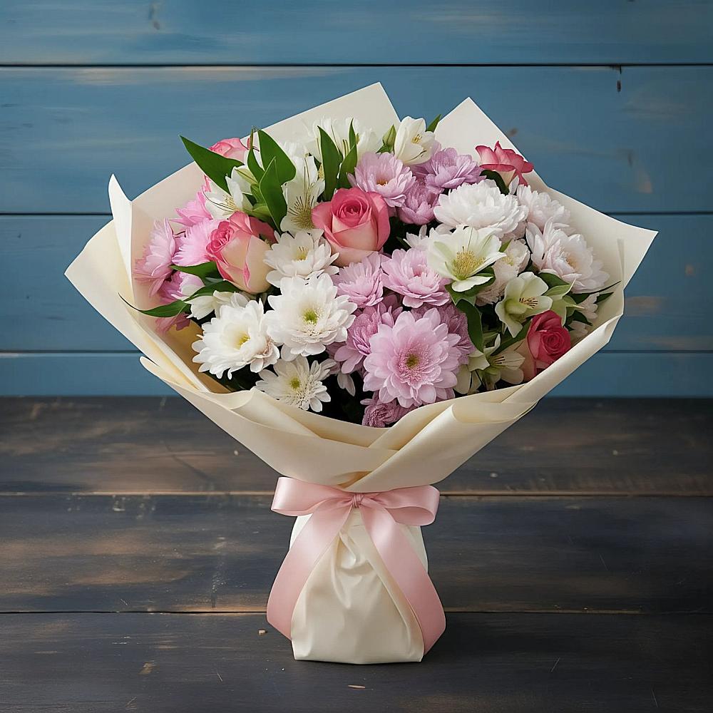 Букет цветов из: Хризантемы, Альстромерии и Розы в Дебесы